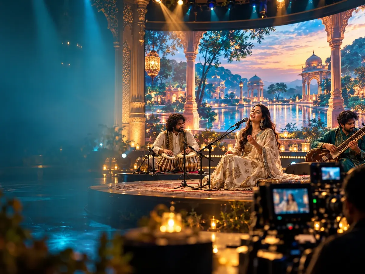 Singer and musicians performing on a lit stage while a camera films the show