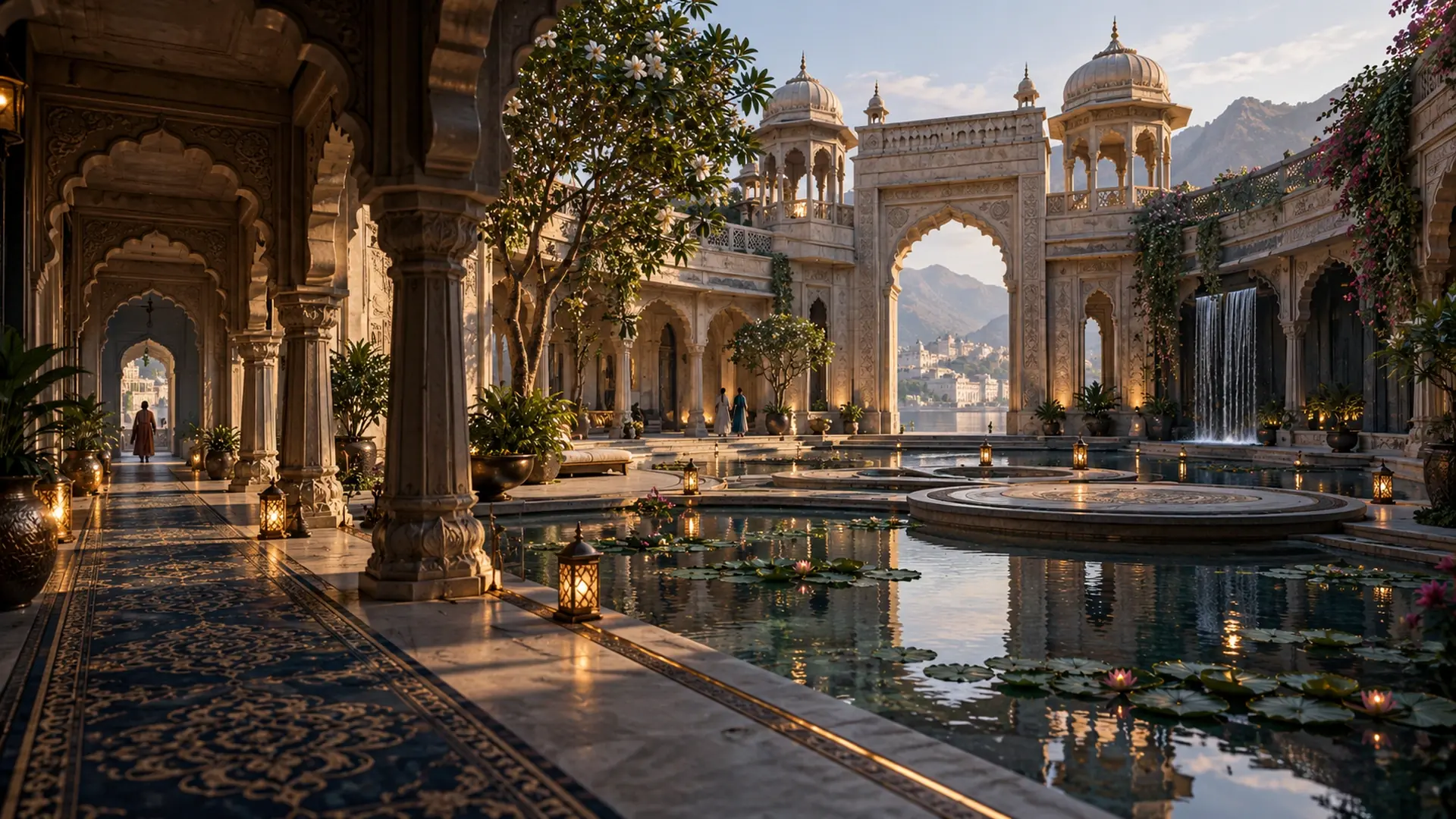 Palace courtyard with a reflecting pool, lanterns and arches, built as an explorable 3D world