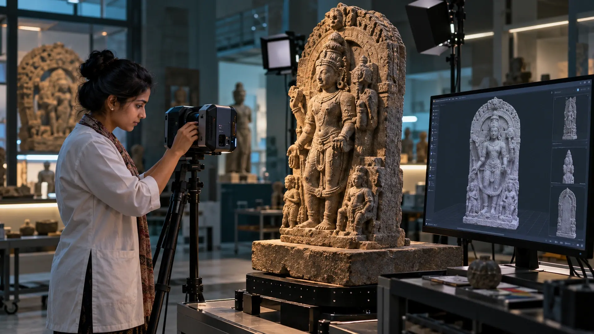 Conservator photographing a carved stone sculpture beside a screen showing its 3D model