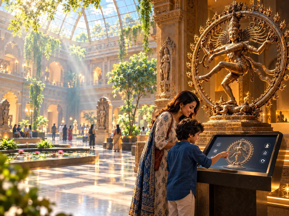 Mother and child exploring a bronze Nataraja on a touchscreen in a sunlit museum hall