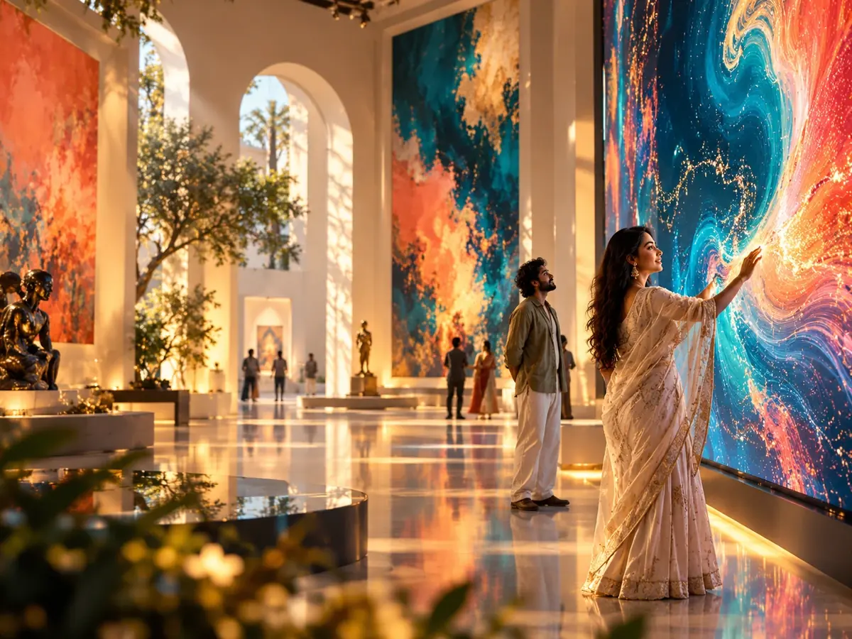 Visitors touching a large interactive painting in a bright contemporary gallery