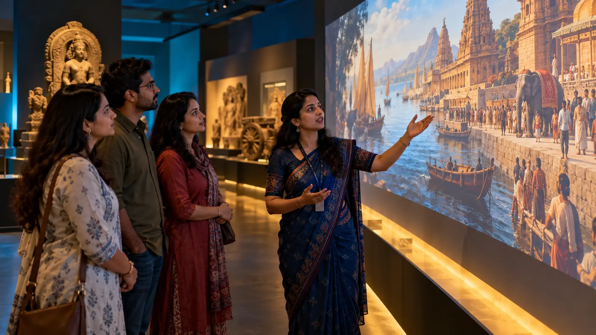 Visitors in a museum gallery listening to a guide in front of a large historic panorama