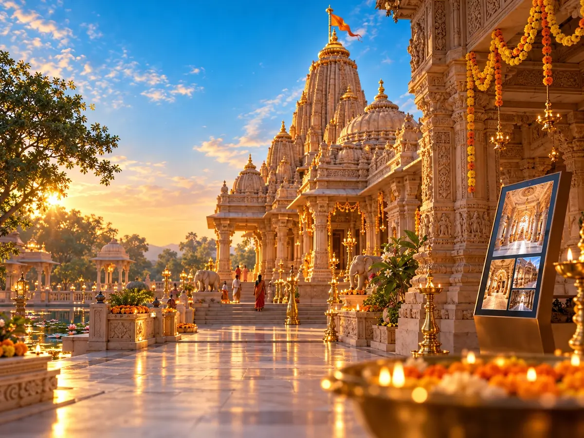 Temple courtyard at sunrise with marigold garlands, lamps and a digital guide screen