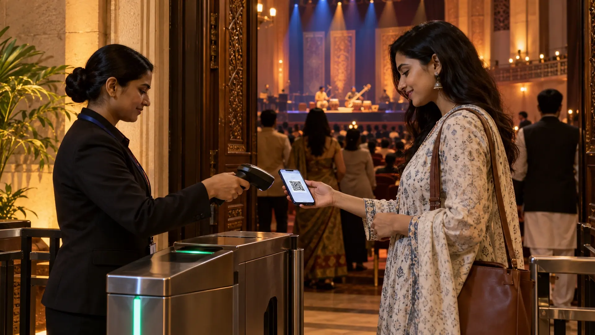 Visitor showing a phone ticket at an entry gate before a live concert