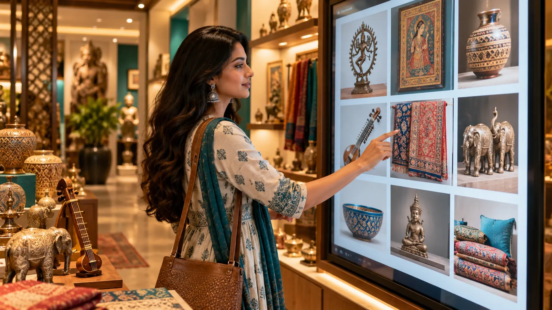 Visitor browsing cultural products on a large touchscreen inside a heritage store