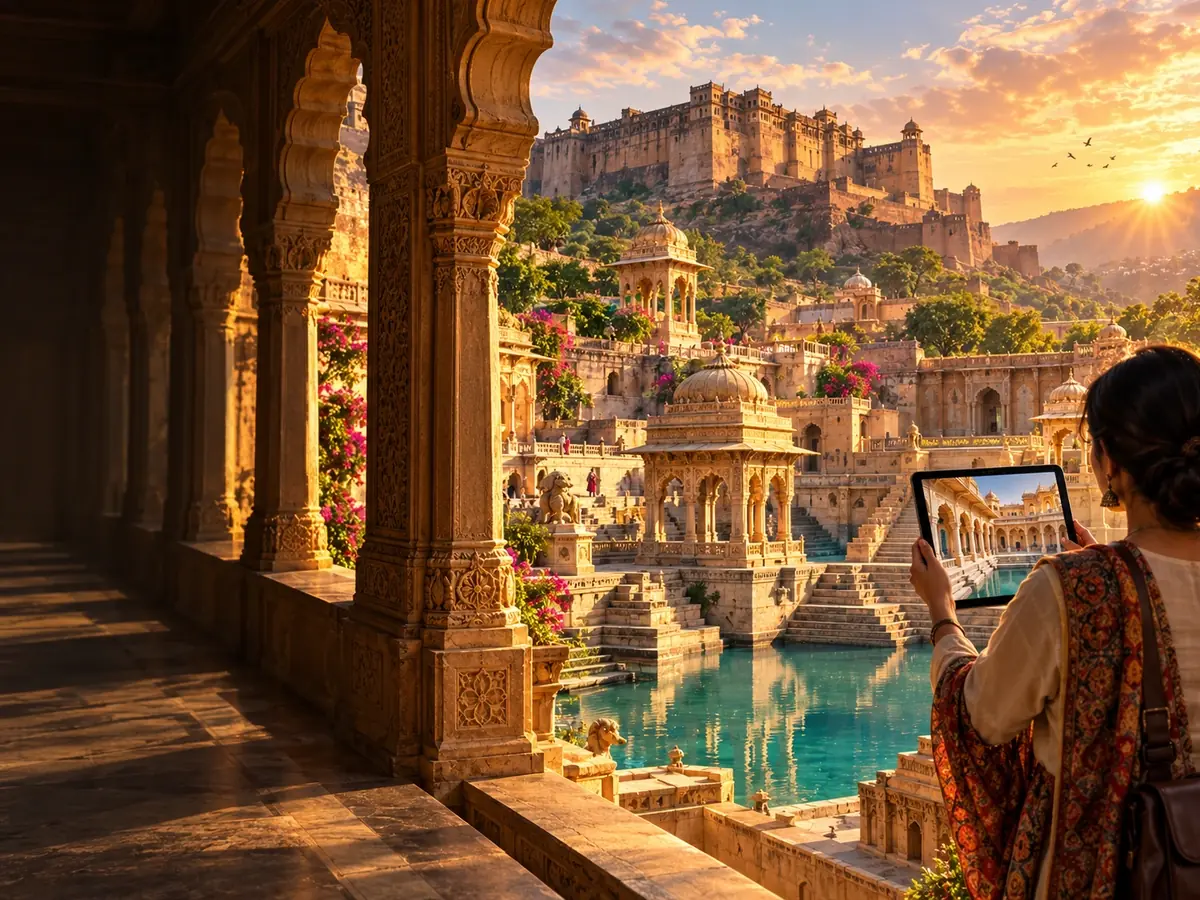 Visitor viewing a historic fort and stepwell through a tablet from a carved colonnade