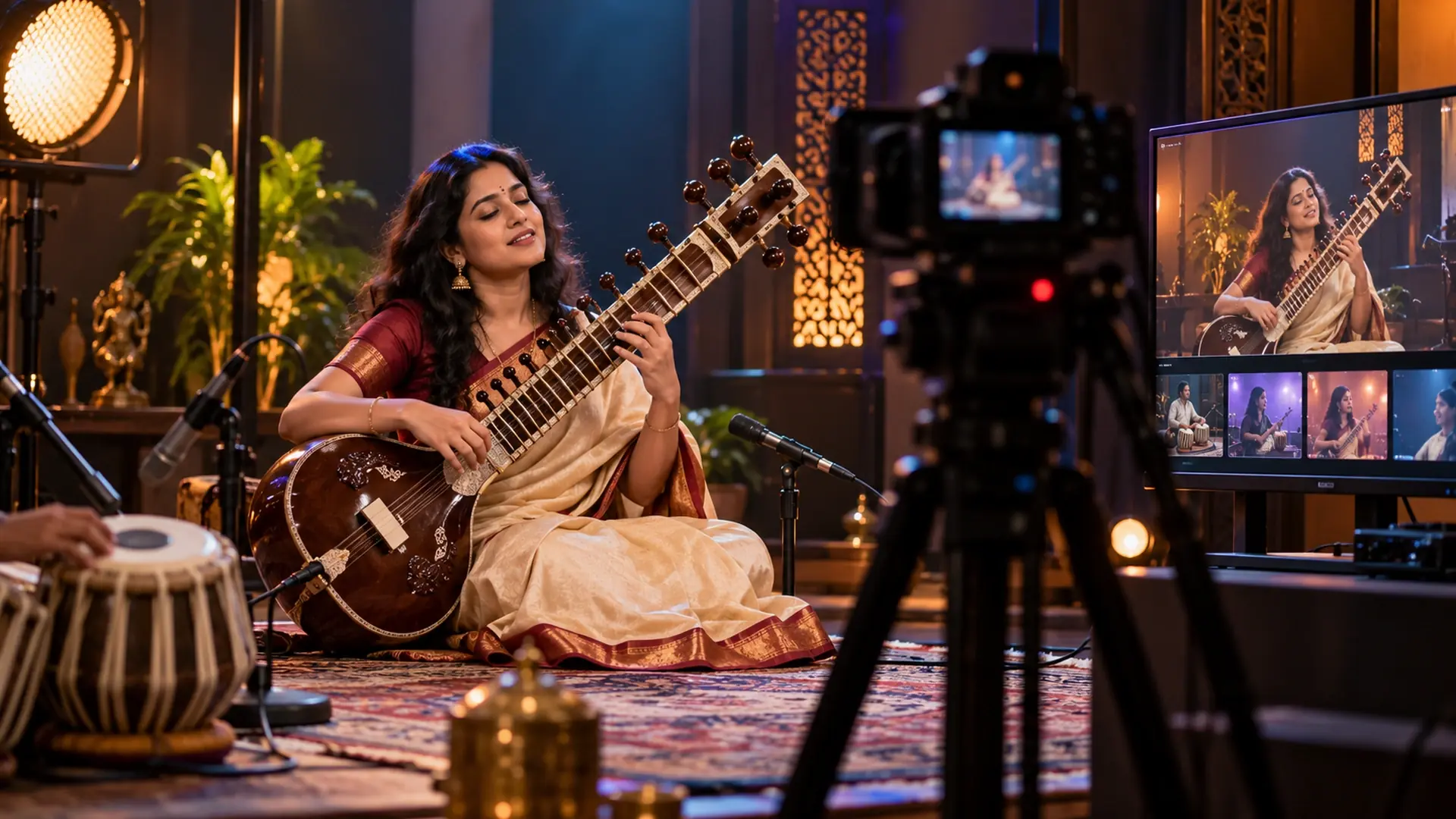 Sitar player performing while a camera streams the concert to screens