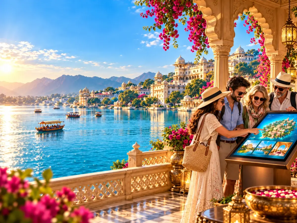 Travellers using an interactive map on a palace terrace above a lake