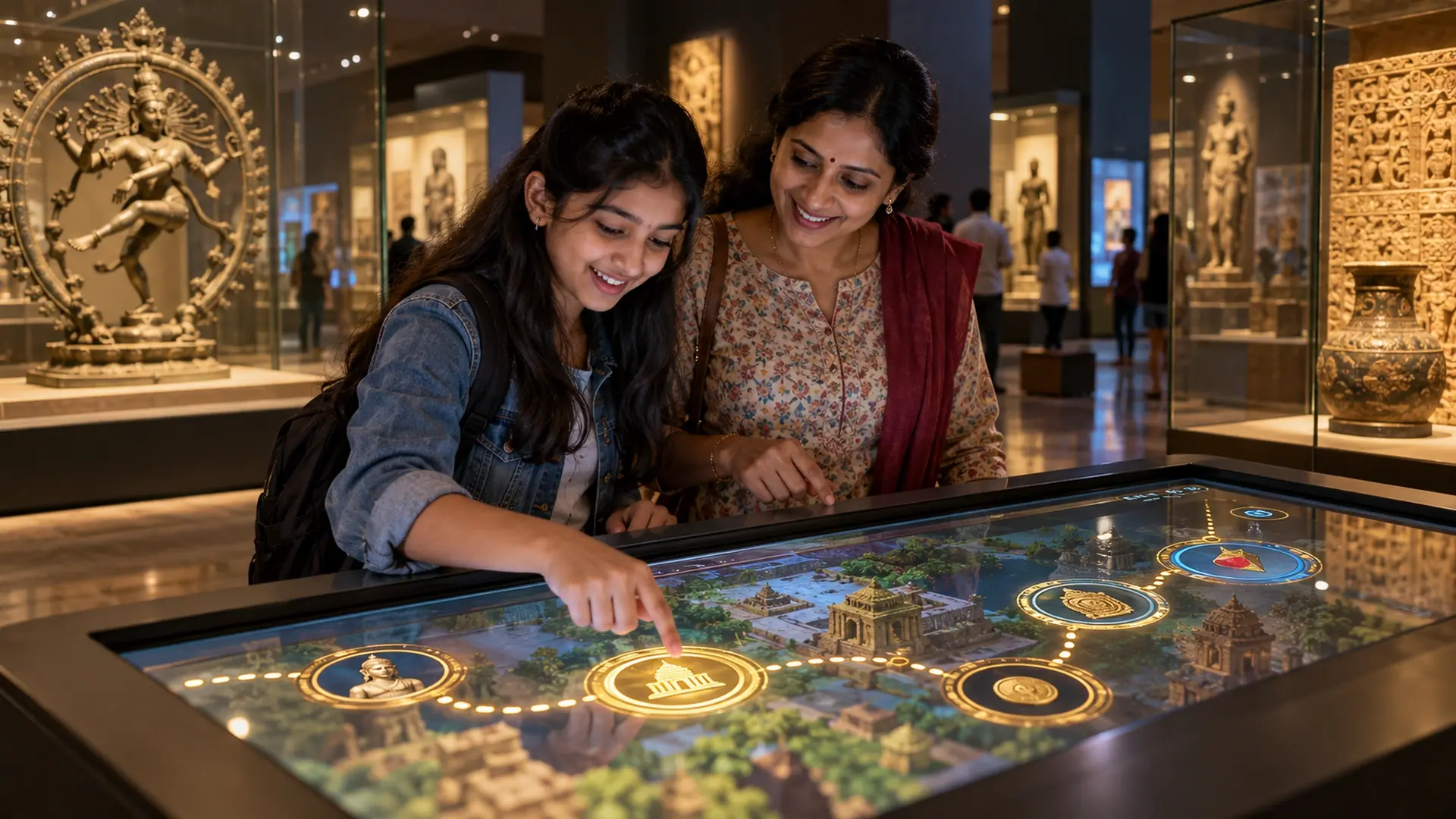 Two visitors following a quest trail on an interactive museum table