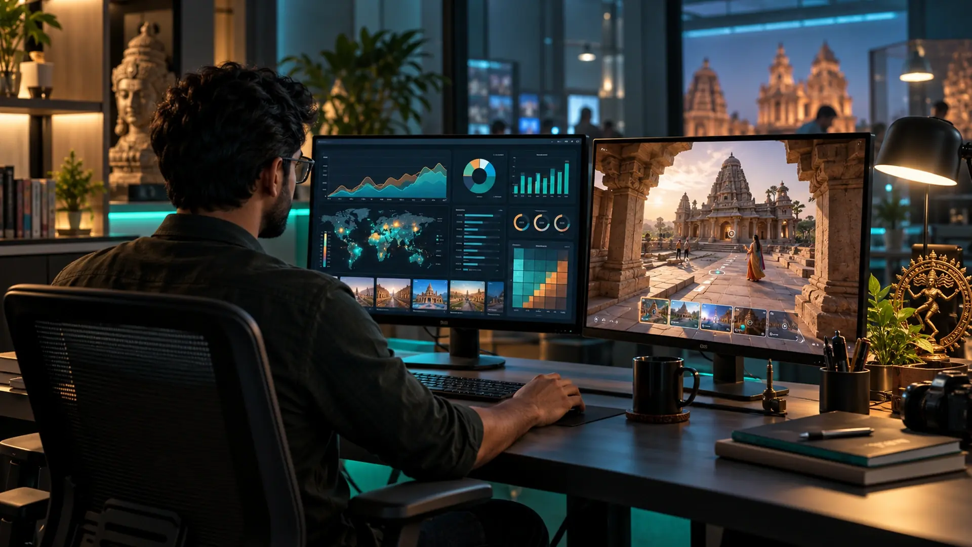 Analyst reviewing audience dashboards beside a 3D temple view