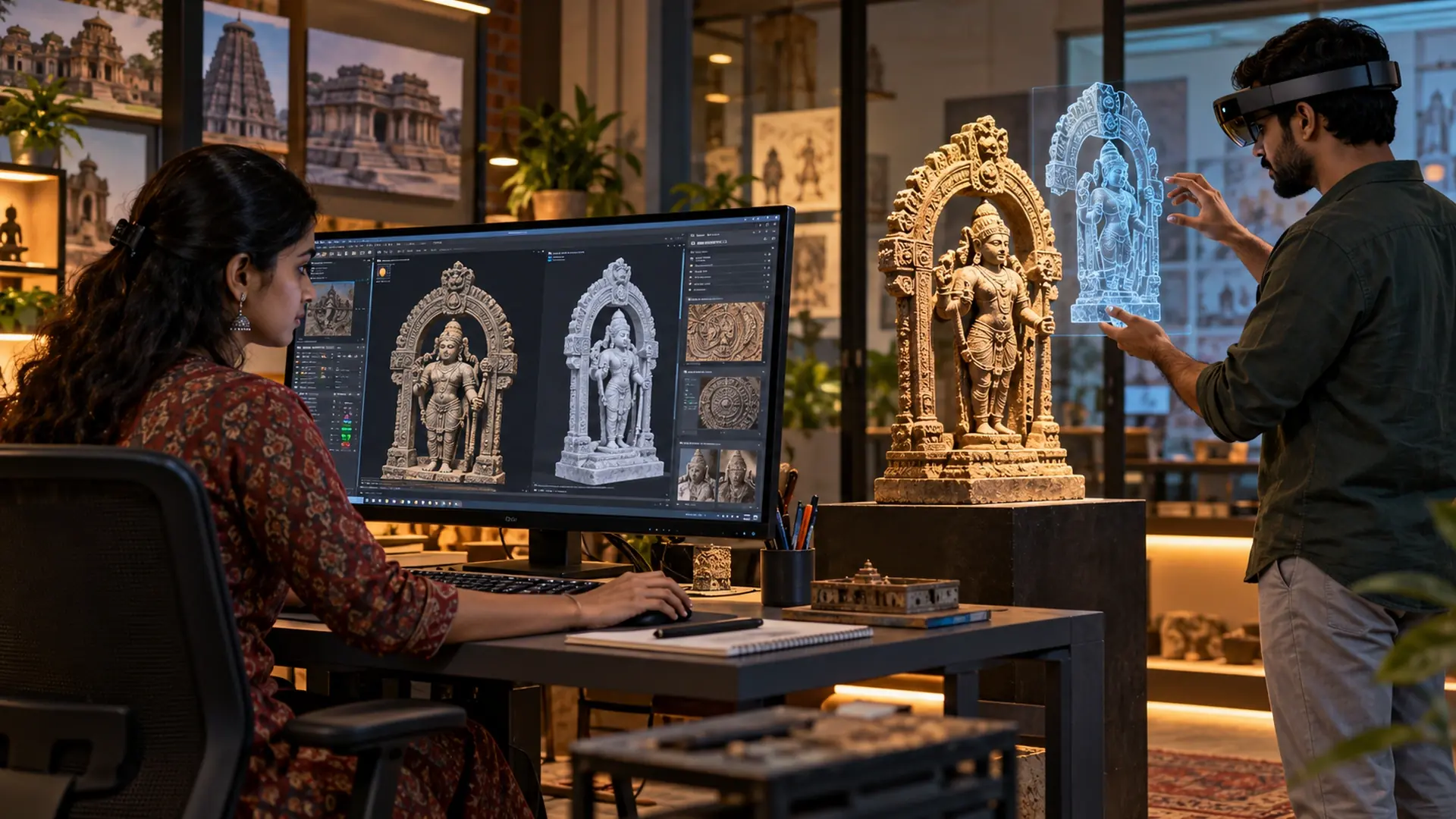 Designer editing 3D sculpture models while a colleague in a VR headset studies a hologram