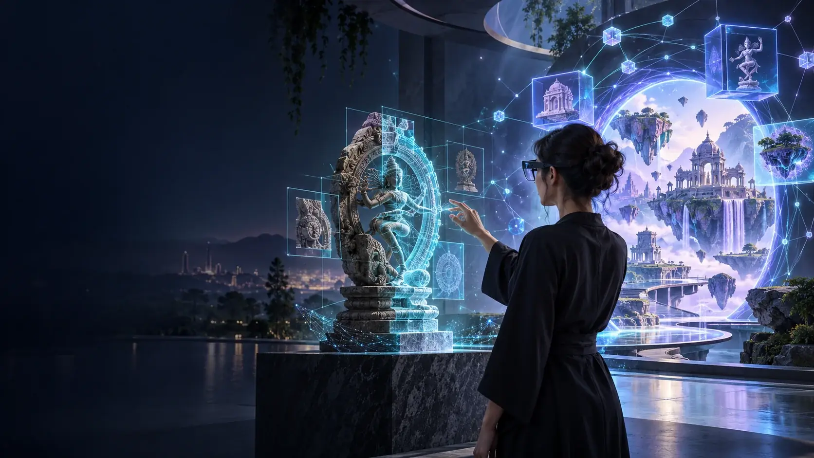 Visitor exploring a holographic sculpture beside floating virtual worlds
