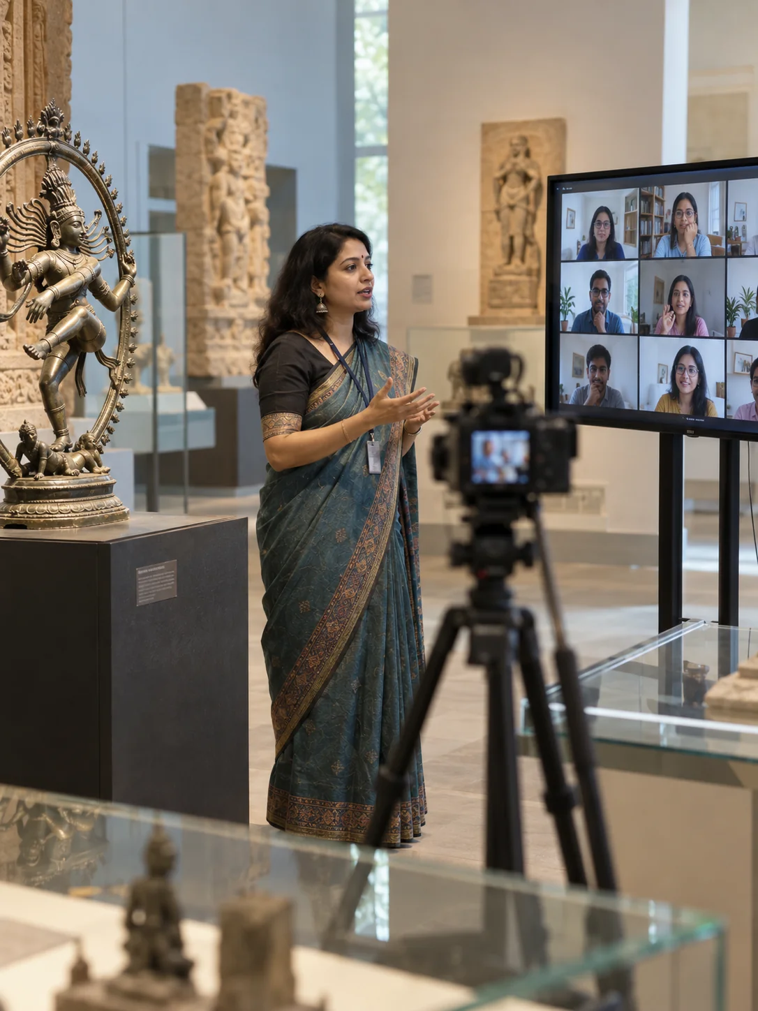 Presenter speaking to remote viewers on a video call beside a camera