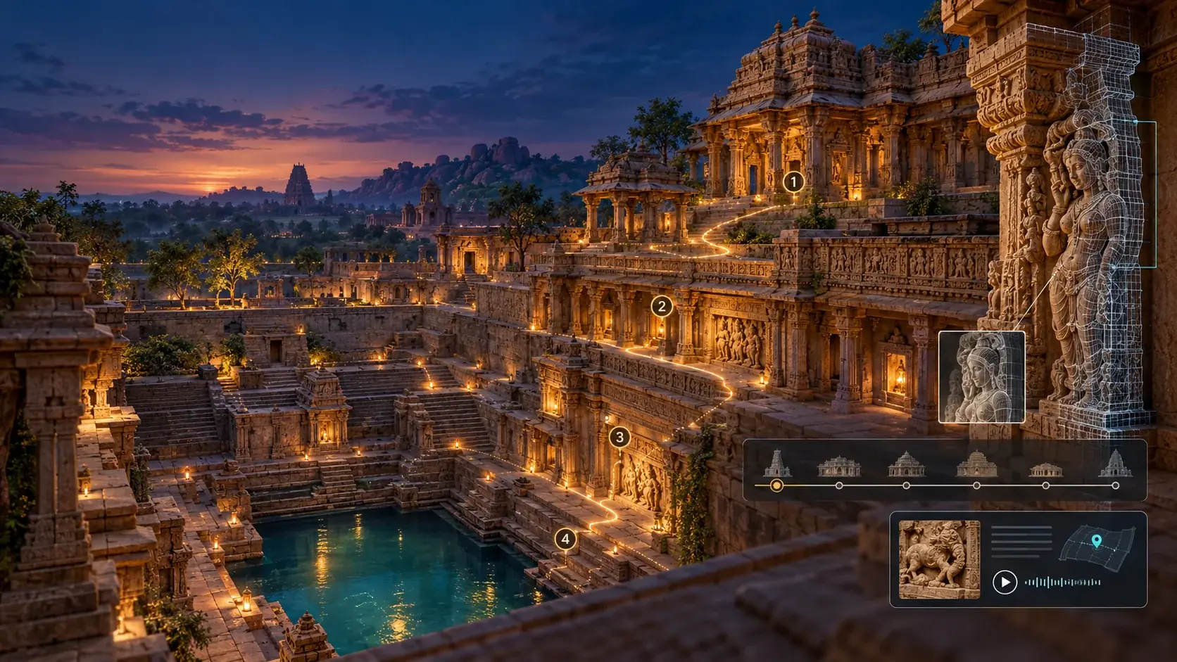 Digitally rebuilt stepwell and temple complex at dusk with 3D asset panels