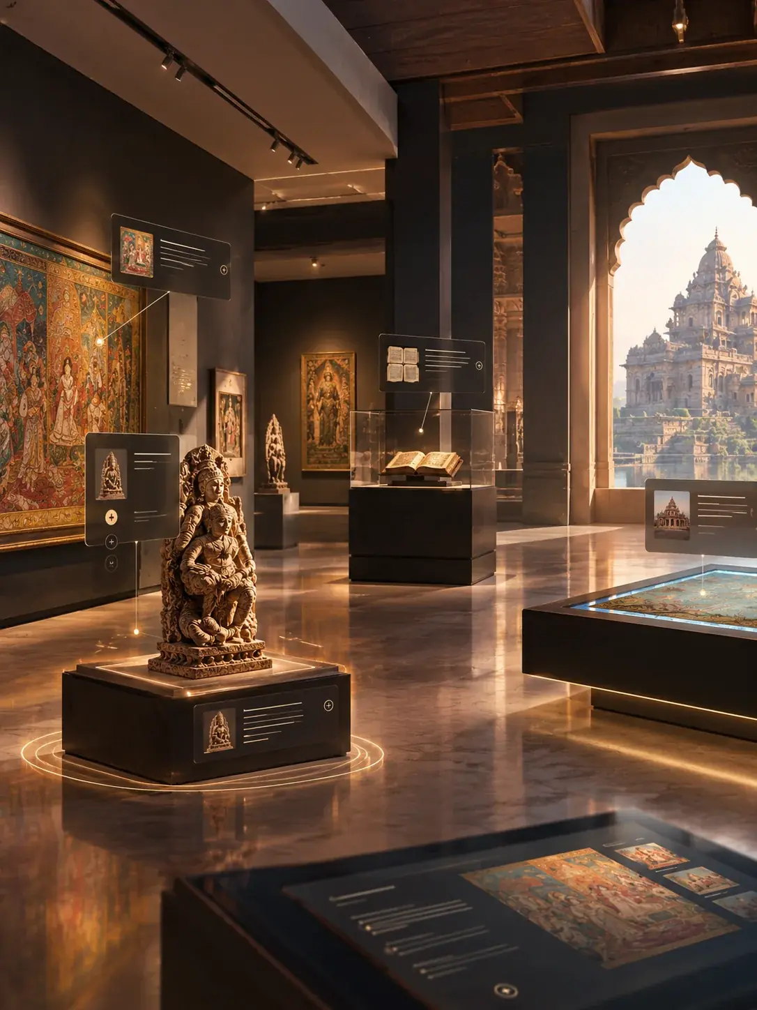 Museum hall with a bronze sculpture on a plinth and an interactive display table