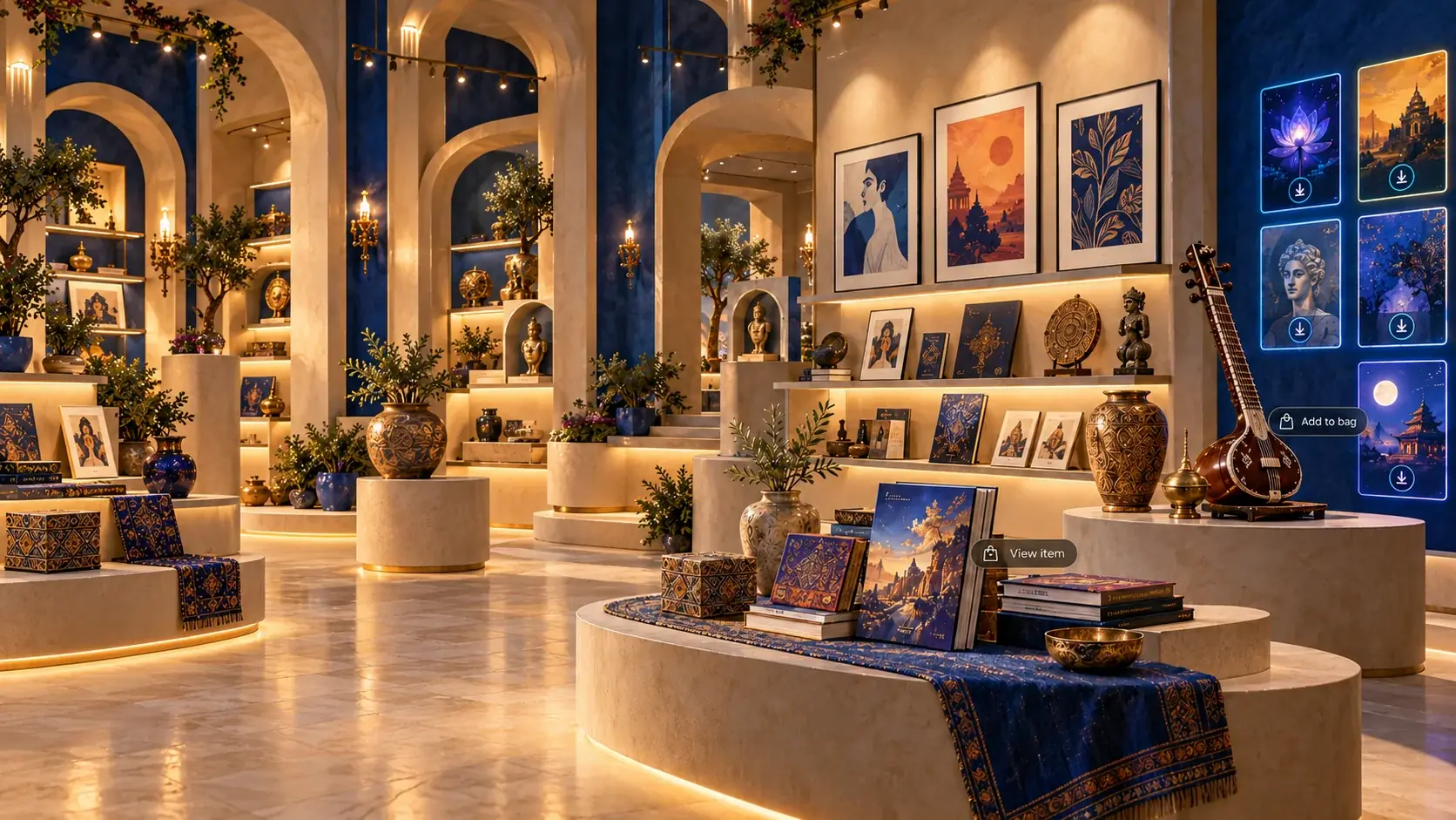 Virtual store with art prints, crafts and instruments on display