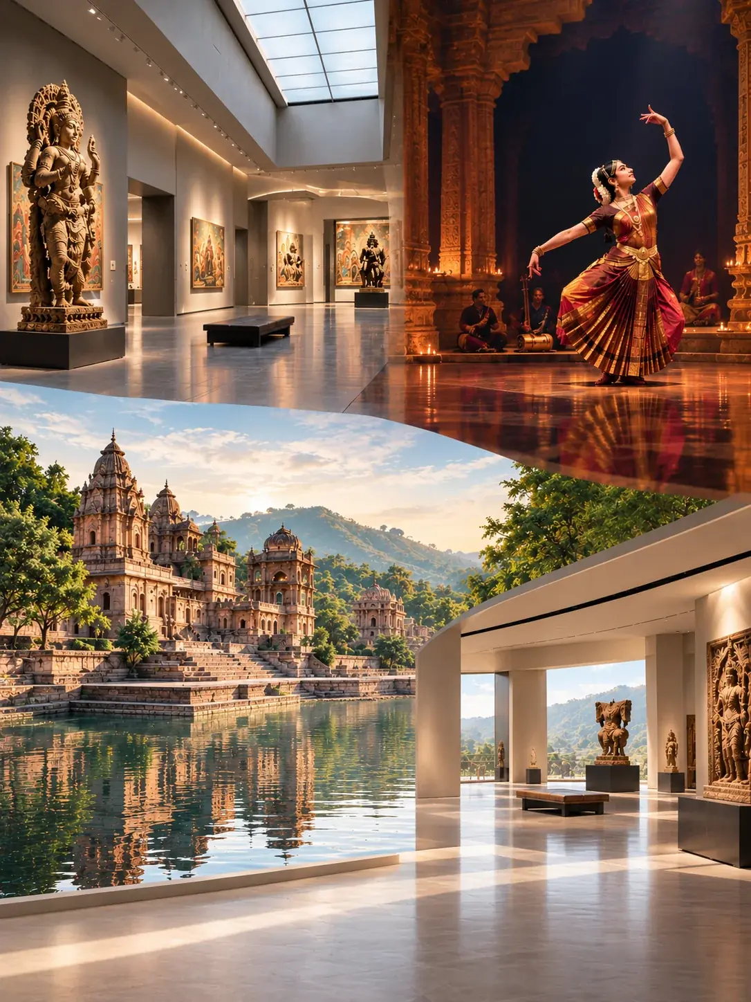Bright gallery with a dancer, sculptures and a panoramic lakeside temple view