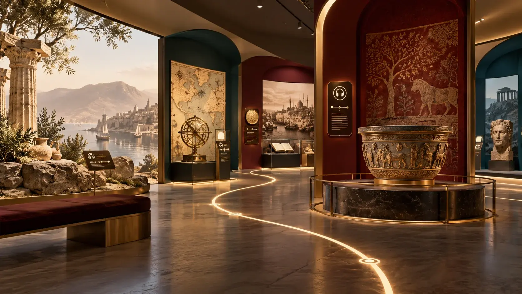 Virtual museum hall with glowing guide paths, artefacts and a view onto a mountain landscape