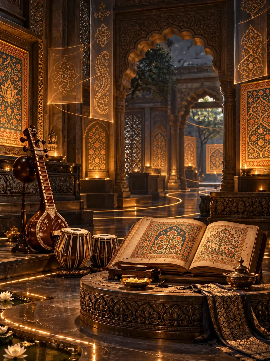 Ornate library hall with an open manuscript, a veena and tabla
