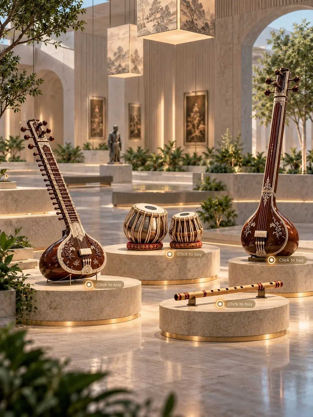 Bright showroom with sitars and tablas displayed on pedestals
