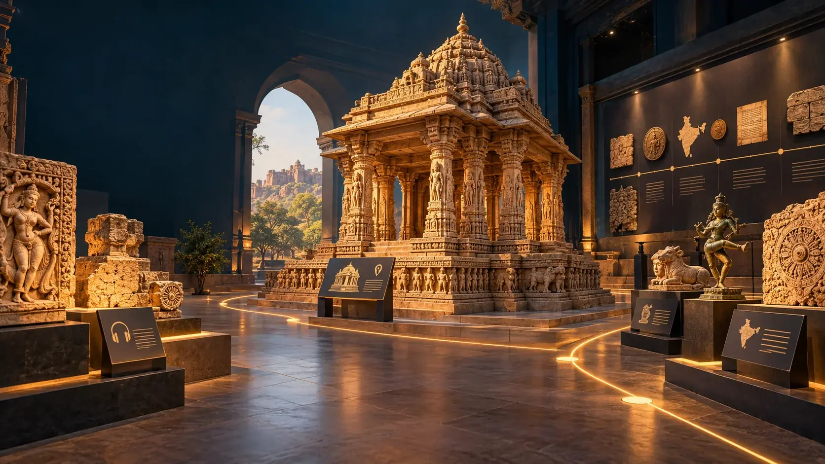 Museum hall with a temple model and lit story panels along a guided path