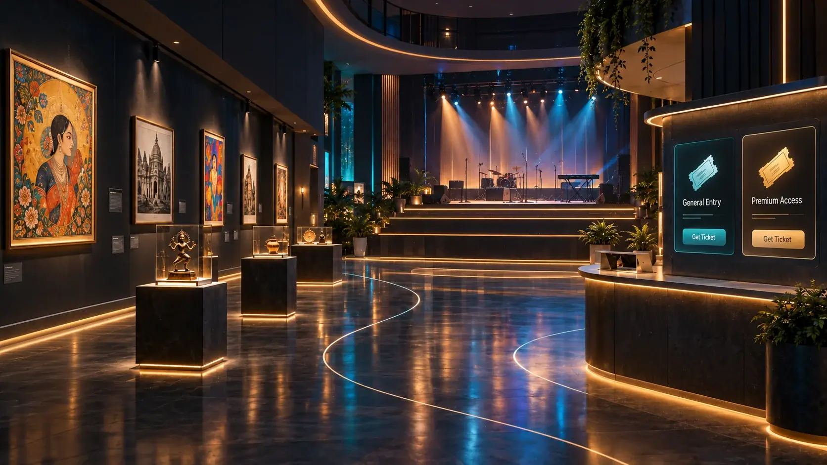 Virtual venue with an art gallery, a lit stage and ticket options on a screen