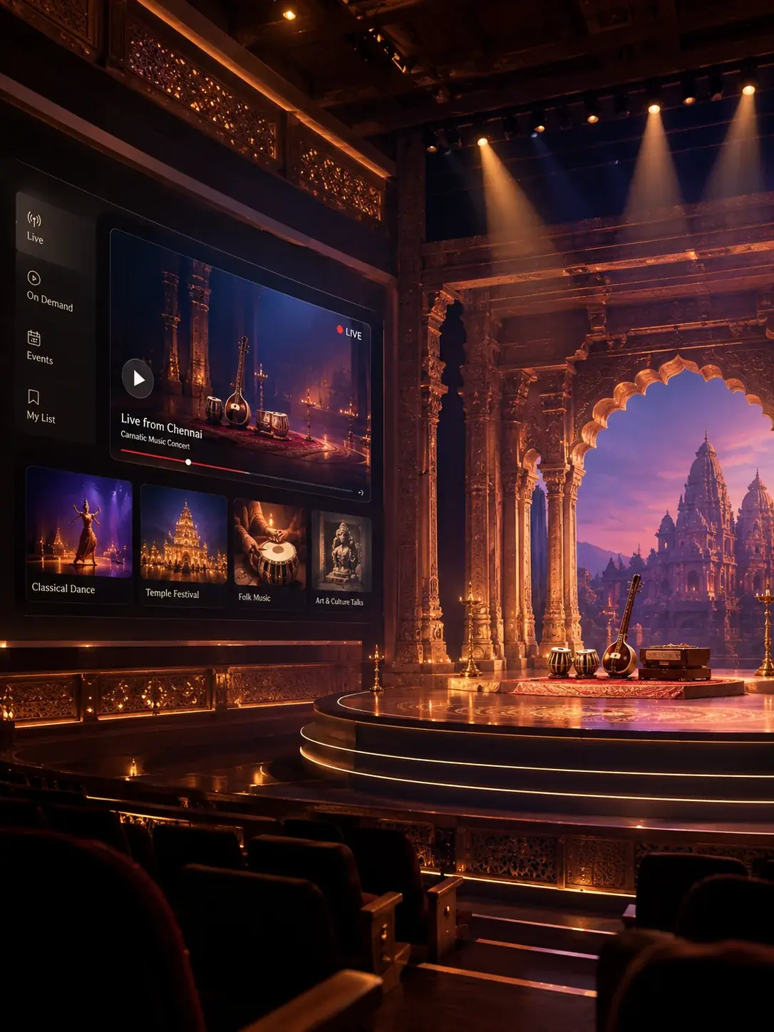 Theatre with a large screen of performances facing tiered seats