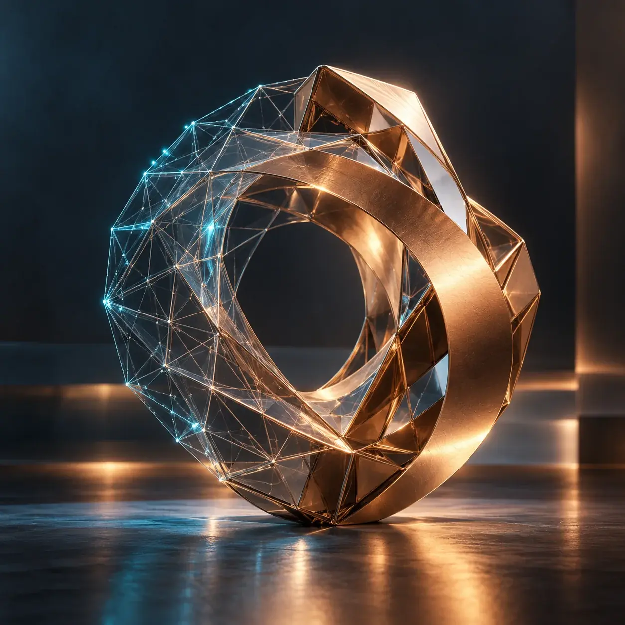 Bronze faceted ring sculpture lit with teal network lines