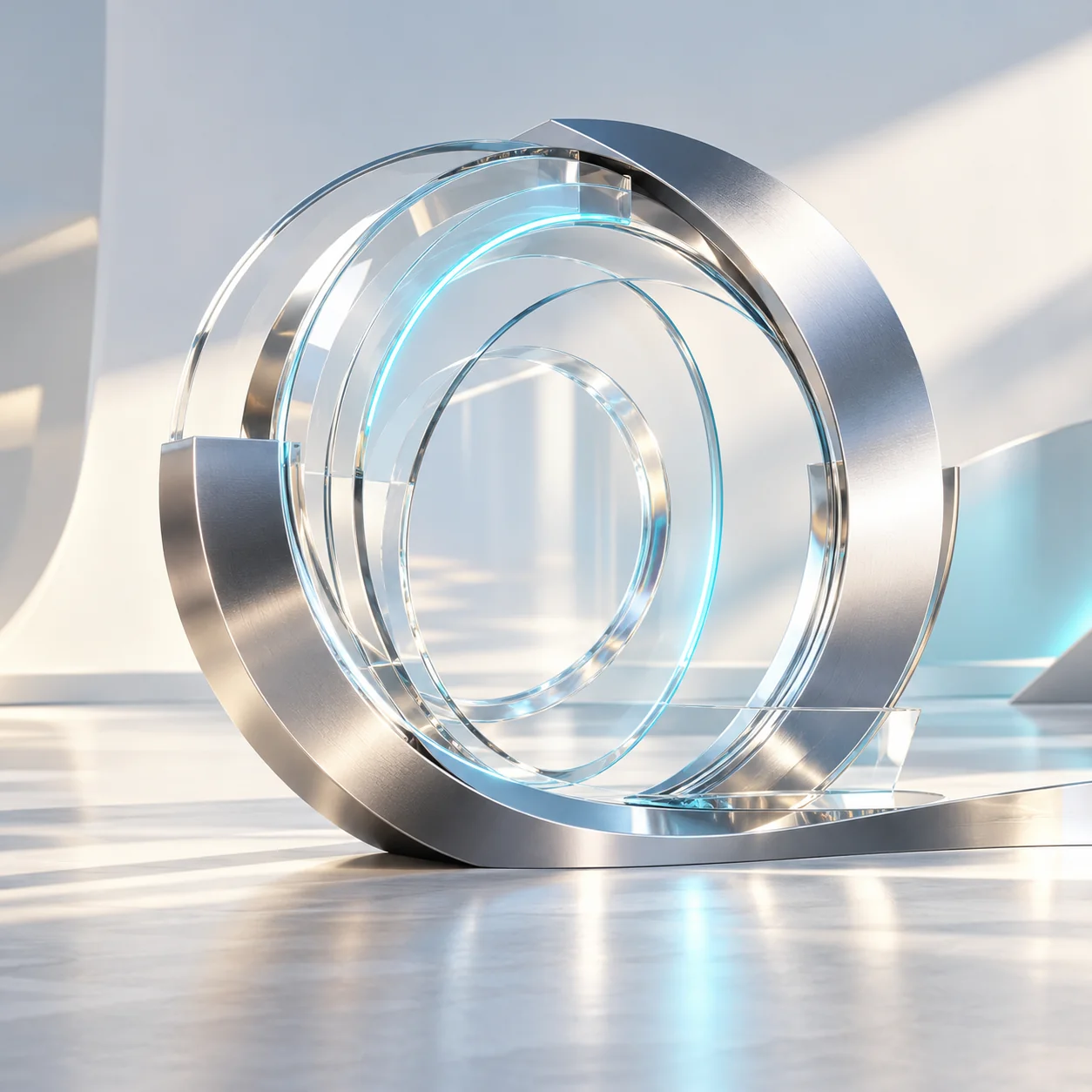 Polished silver rings sculpture in a bright minimal space